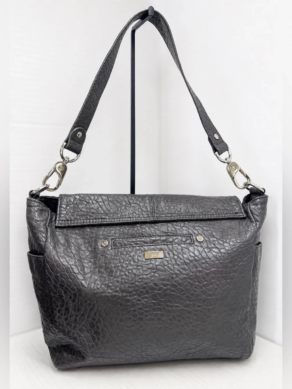 Thirty-One Jewel Shoulder Bag Gray Pebbled Faux Leather Silver Hardware